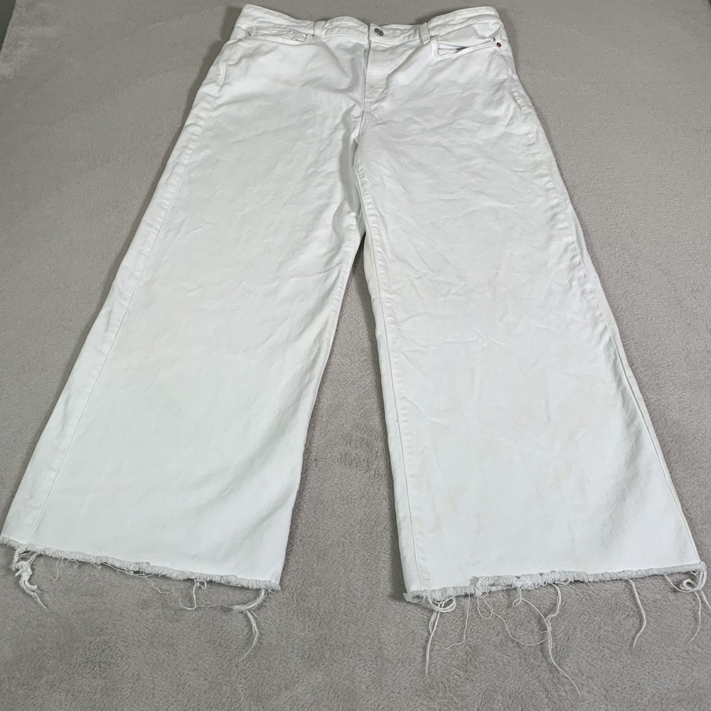 Paige Anessa Wide Leg Jeans Womens 33 White High Rise Crop Raw Hem Stretch